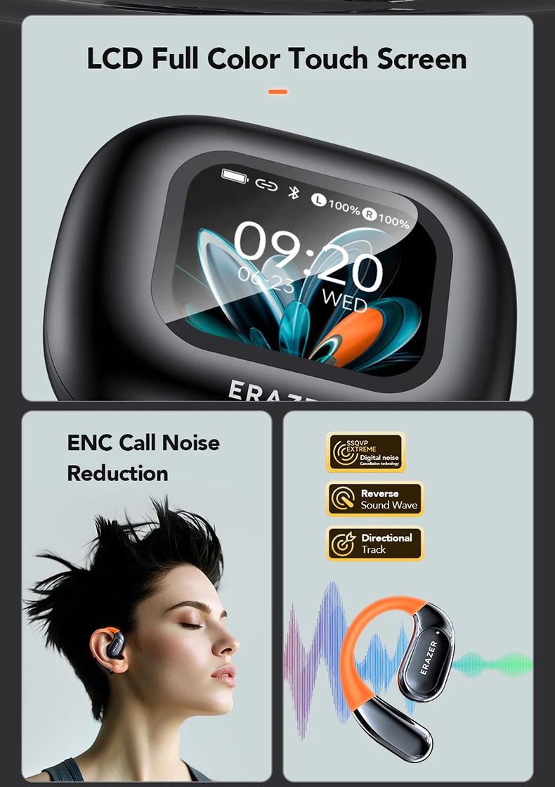 ERAZER XP15 Wireless Headphones Bluetooth 5.4 AI Translator Earbuds Glowing Earhook Upgraded LCD Touchscreen ENC Noise Reduction