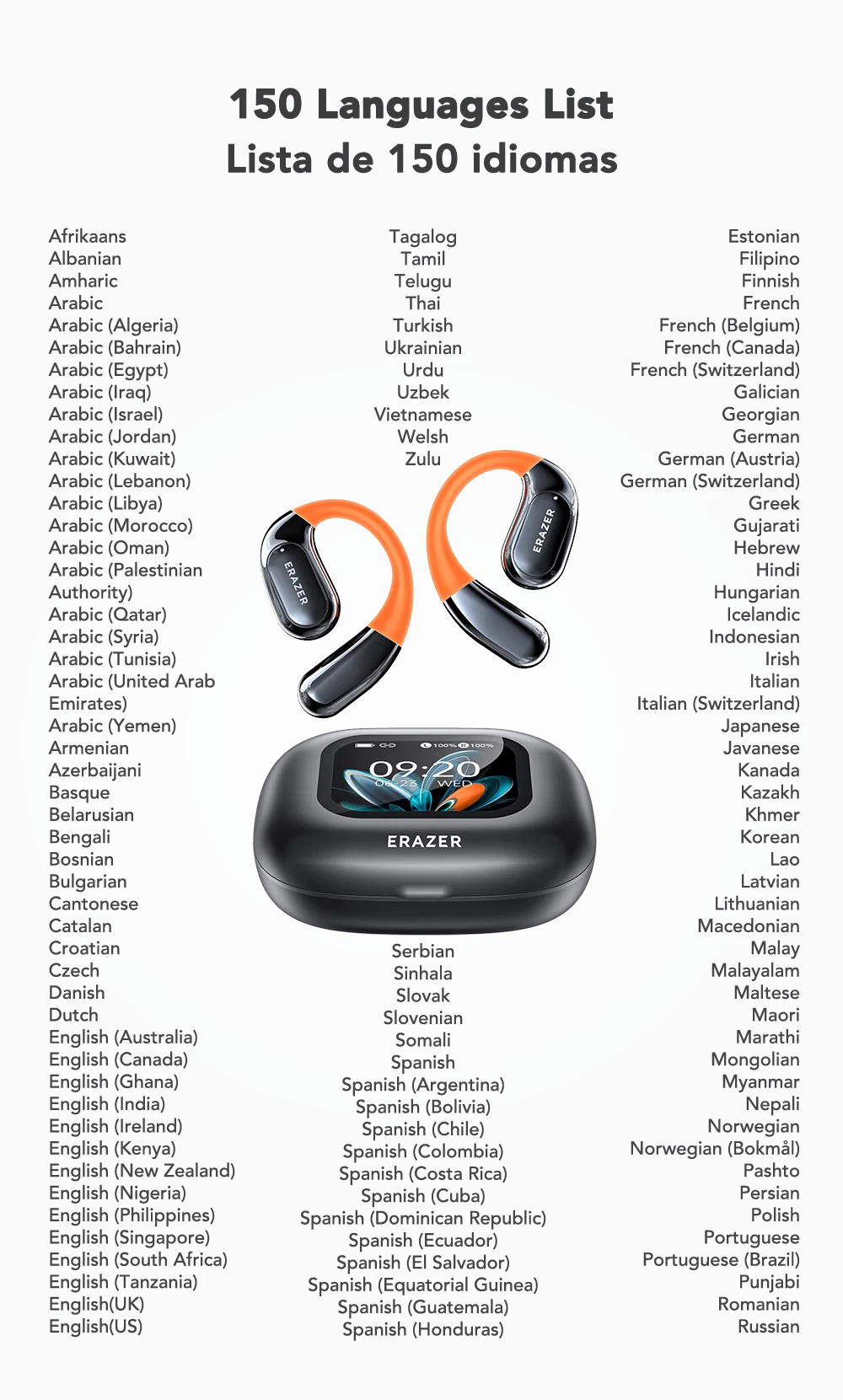 ERAZER XP15 Wireless Headphones Bluetooth 5.4 AI Translator Earbuds Glowing Earhook Upgraded LCD Touchscreen ENC Noise Reduction