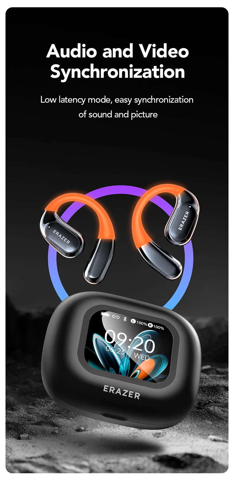 ERAZER XP15 Wireless Headphones Bluetooth 5.4 AI Translator Earbuds Glowing Earhook Upgraded LCD Touchscreen ENC Noise Reduction