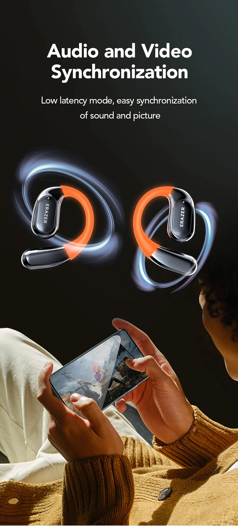 ERAZER XP15 Wireless Headphones Bluetooth 5.4 AI Translator Earbuds Glowing Earhook Upgraded LCD Touchscreen ENC Noise Reduction