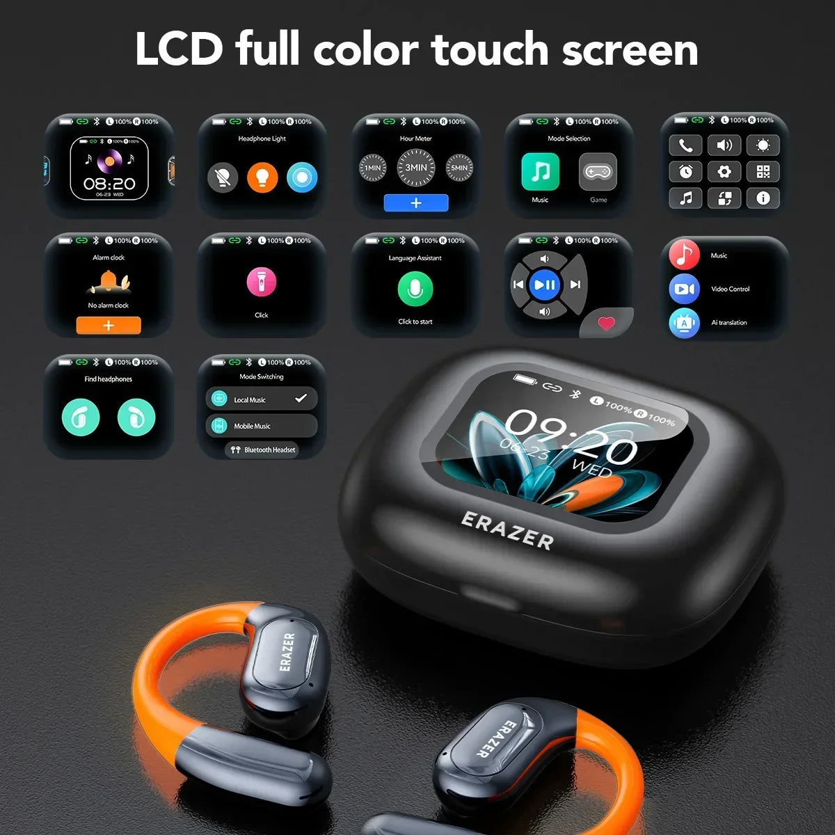 ERAZER XP15 Wireless Headphones Bluetooth 5.4 AI Translator Earbuds Glowing Earhook Upgraded LCD Touchscreen ENC Noise Reduction