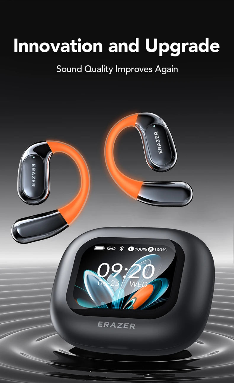 ERAZER XP15 Wireless Headphones Bluetooth 5.4 AI Translator Earbuds Glowing Earhook Upgraded LCD Touchscreen ENC Noise Reduction